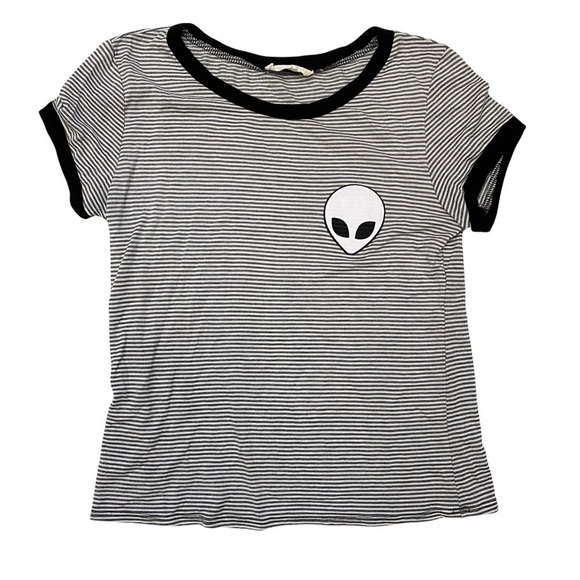 French Pastry Striped Alien Ringer Tee Sz Med Black White - Picture 1 of 7
